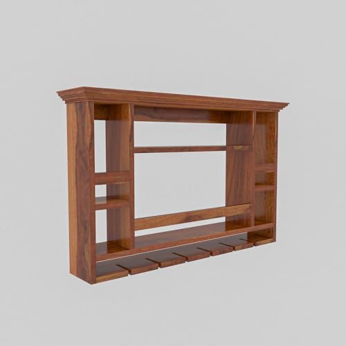 Furnelift Sheesham Wood Wall Mounted Chessy Wine Rack - 8 Bottle and Upside Down Glass Storage - Elegent Wooden Bar Cabinet for Home Wine Collection (Honey Finish) - Image 2