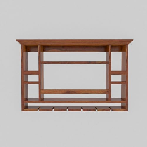 Furnelift Sheesham Wood Wall Mounted Chessy Wine Rack - 8 Bottle and Upside Down Glass Storage - Elegent Wooden Bar Cabinet for Home Wine Collection (Honey Finish) - Image 1