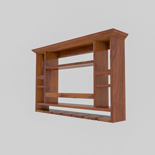 Furnelift Sheesham Wood Wall Mounted Chessy Wine Rack - 8 Bottle and Upside Down Glass Storage - Elegent Wooden Bar Cabinet for Home Wine Collection (Honey Finish) - Image 3