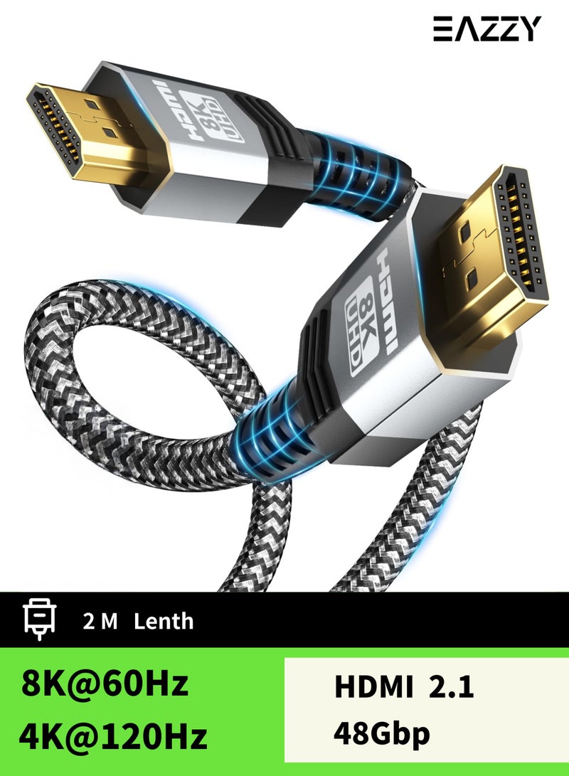 EAZZY 8K HDMI 2.1 Cable 2M, High Speed HDMI Cord 48Gbps Support 8K@60Hz, 4K@120Hz, 3D, HDR, HDCP, eARC, Dolby - Ultra High Speed HDMI Cord for Laptop, Computer, Monitor, Projectors, TV, PS4, PS5, Xbox, Switch, HDTV - Image 1