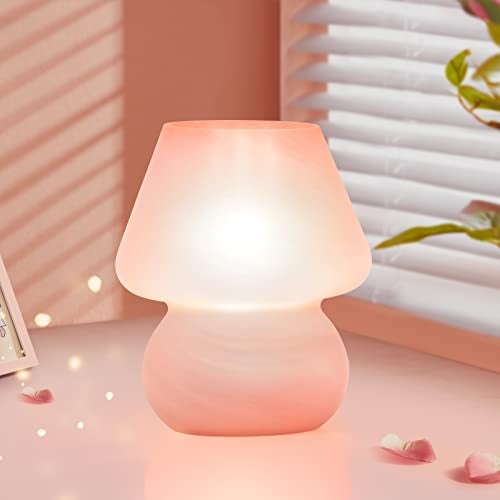 ONEWISH Mushroom Lamp Cute Table Lamp for Bedroom Nightstand Soft Light Pink, Small Glass Nightlight Stepless Dimmable Desk Lamp for Dining, Living, Nursery, Vanity, Home Decor Lamp for Girls Women - Image 1