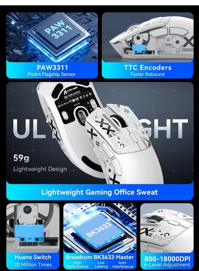 هجوم القرش R1 59g Superlight الماوس مع الشريط ، الماوس اللاسلكي / السلكي BT / 2.4G الألعاب ، 6 DPI قابل للتعديل حتى 18000 ، بطارية 65 ساعة - Image 2