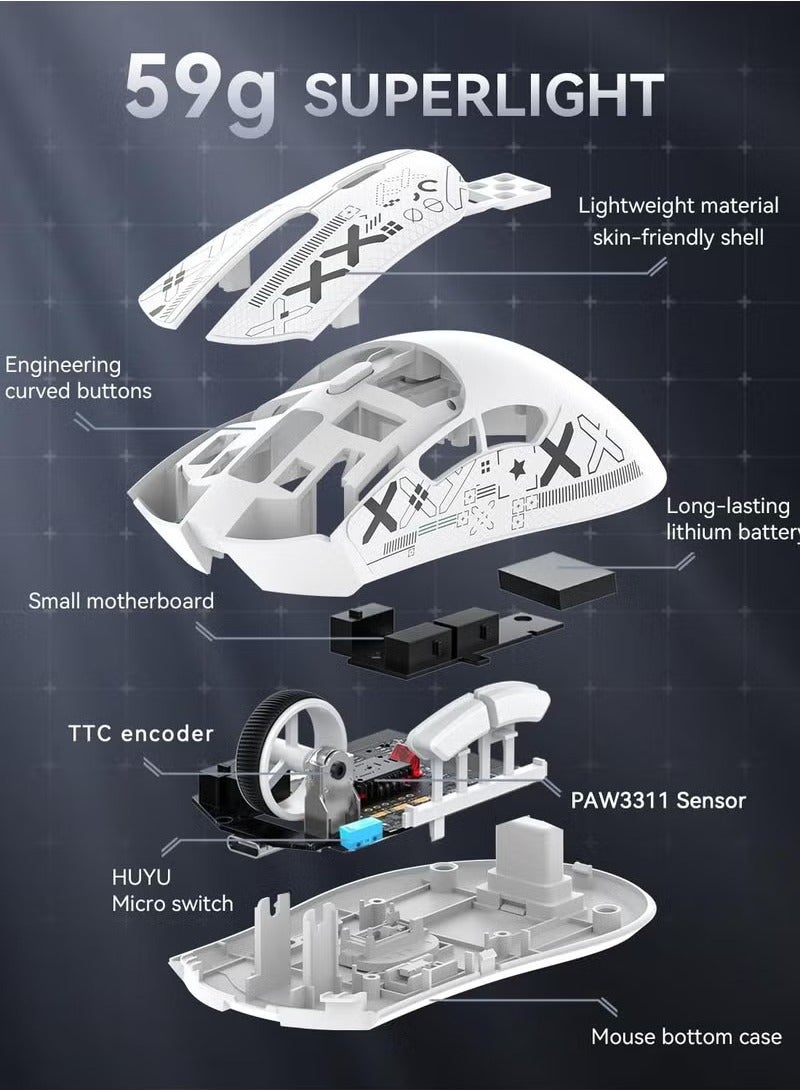 هجوم القرش R1 59g Superlight الماوس مع الشريط ، الماوس اللاسلكي / السلكي BT / 2.4G الألعاب ، 6 DPI قابل للتعديل حتى 18000 ، بطارية 65 ساعة - Image 3