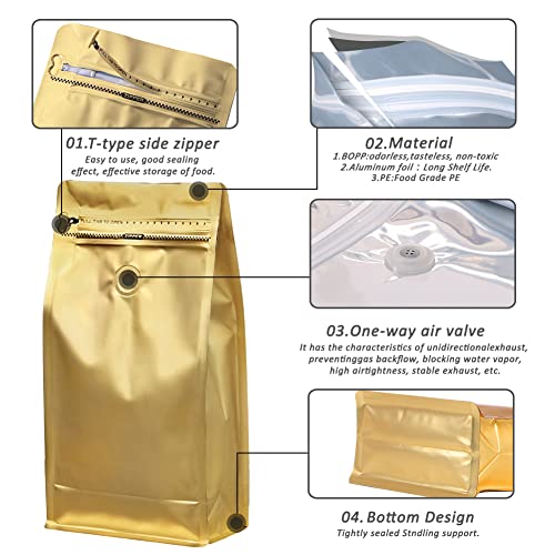 REMTAP Coffee Bags with Valve(50pcs,16 oz,1 lb) Gold High Barrier Aluminum Foil Flat Bottom Standing Coffee Beans Storage Bags,Reusable Heat Sealable Side Zipper Pouches for Home or Store - Image 3