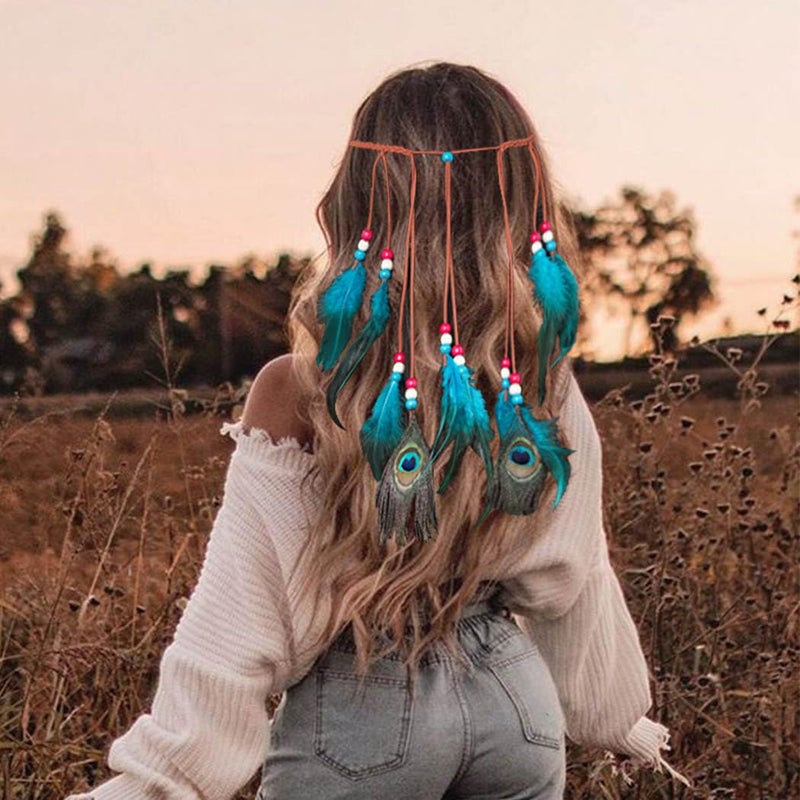 Gangel Turquoise Hippie Indian Headpiece with Peacock Feather Tassel Hemp Rope for Festival  Blue Feather Hairband Womens Hair Accessories