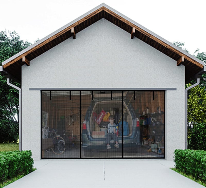 Veanusiver Magnetic Double Garage Screen Door for 2 Car Garage Doors 16x7FT Reinforced Self Sealing Fiberglass Mesh Door Screen with 6 Strapping Tapes Hands Free Door Screen with Closure Weighted Bottom Black - Image 2