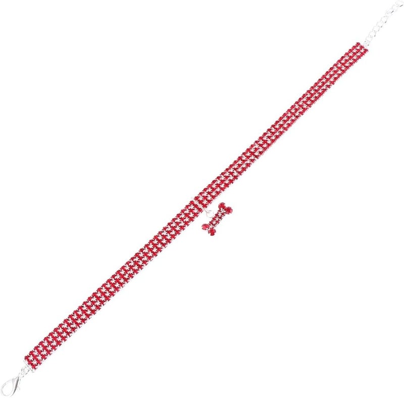 Red Rhinestone Dog Collar Adjustable Luxury Pet Necklace with Bone Pendant - Image 1