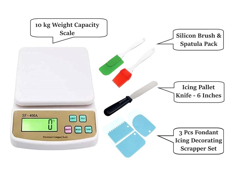 Inditradition Popular Baking Combo Pack Electronic Digital Kitchen Weighing Scale 10kg Silicon Oil Brush Spatula Set 6 Icing Knife 3 Pcs Fondant Icing Scrapper Set Plastic Multicolour - Image 2