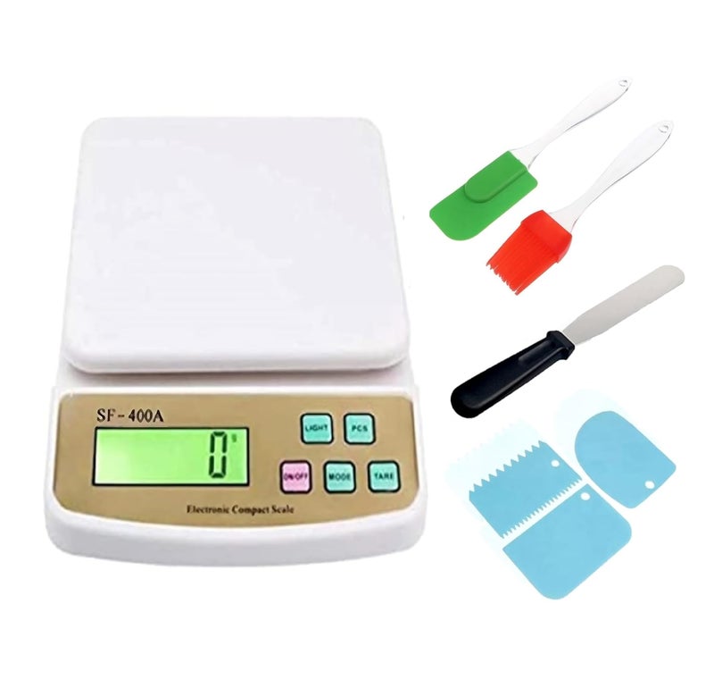 Inditradition Popular Baking Combo Pack Electronic Digital Kitchen Weighing Scale 10kg Silicon Oil Brush Spatula Set 6 Icing Knife 3 Pcs Fondant Icing Scrapper Set Plastic Multicolour - Image 1