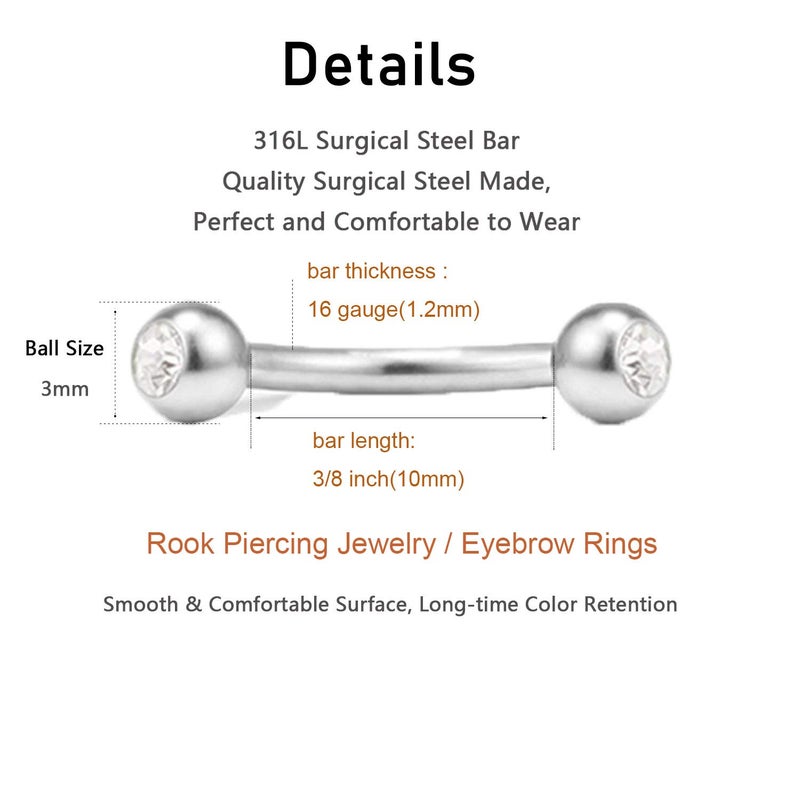 MODRSA Rook Piercing Jewelry Rook Earrings for Women Eyebrow Rings Surgical Steel Nose Bridge Curved Barbell 16 gauge Surface Tragus Piercing Jewelry Snug Earring - Image 4