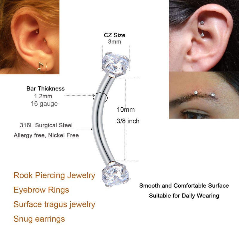 MODRSA Rook Piercing Jewelry Rook Earrings for Women Eyebrow Rings Surgical Steel Nose Bridge Curved Barbell 16 gauge Surface Tragus Piercing Jewelry Snug Earring - Image 3