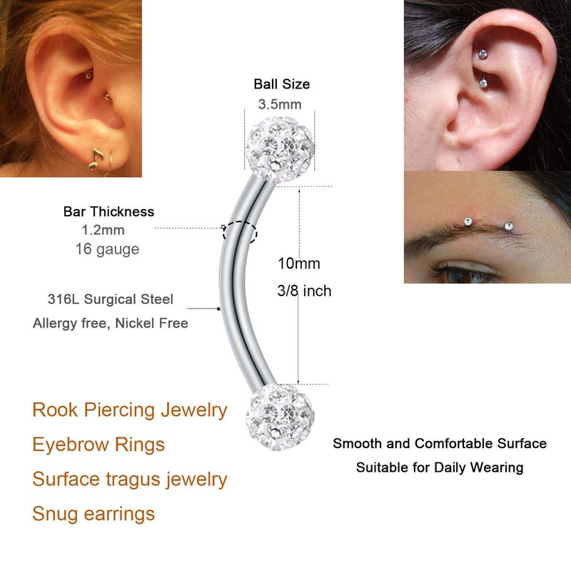 MODRSA Rook Piercing Jewelry Rook Earrings for Women Eyebrow Rings Surgical Steel Nose Bridge Curved Barbell 16 gauge Surface Tragus Piercing Jewelry Snug Earring - Image 2