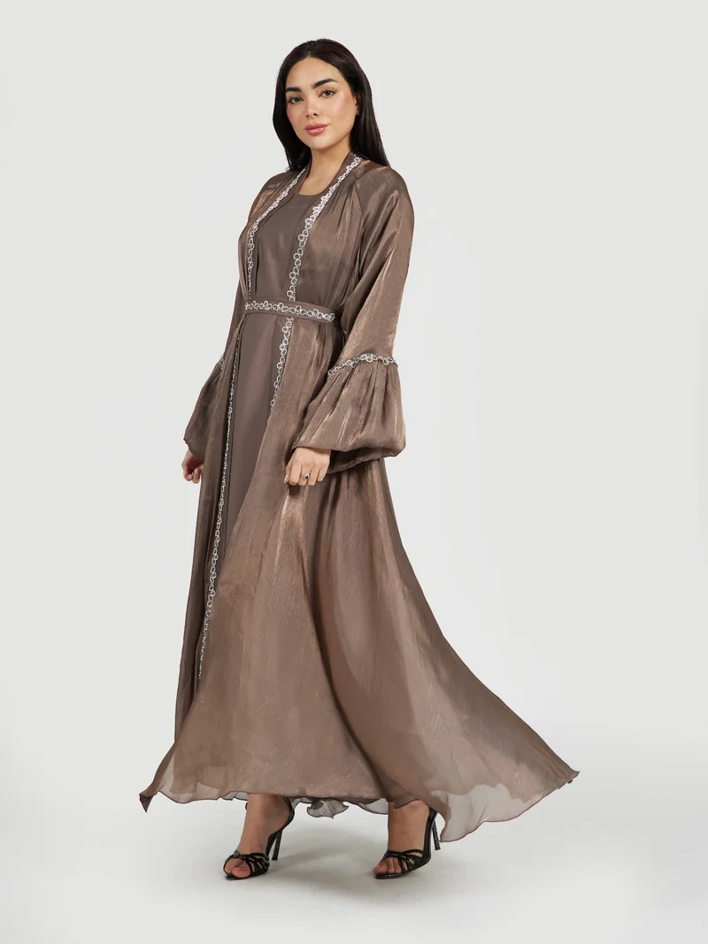 Reem Abayas Metallic Bronze Flare Sleeve Abaya Set with Embellished Waistband