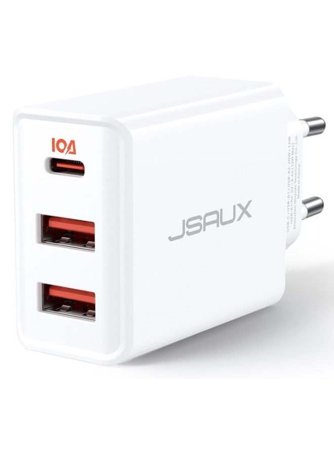 JSAUX 32W Charger USB C PD 3.0 [3 Ports 20W + 12W],  USB-C Fast Charger Compatible with iPhone 15/14/13/12 Pro Max, Samsung Galaxy S23/S22/S21/A73/A53/A33, Pixel 7 Pro/6/6a/6 Pro, iPad Pro/Air
