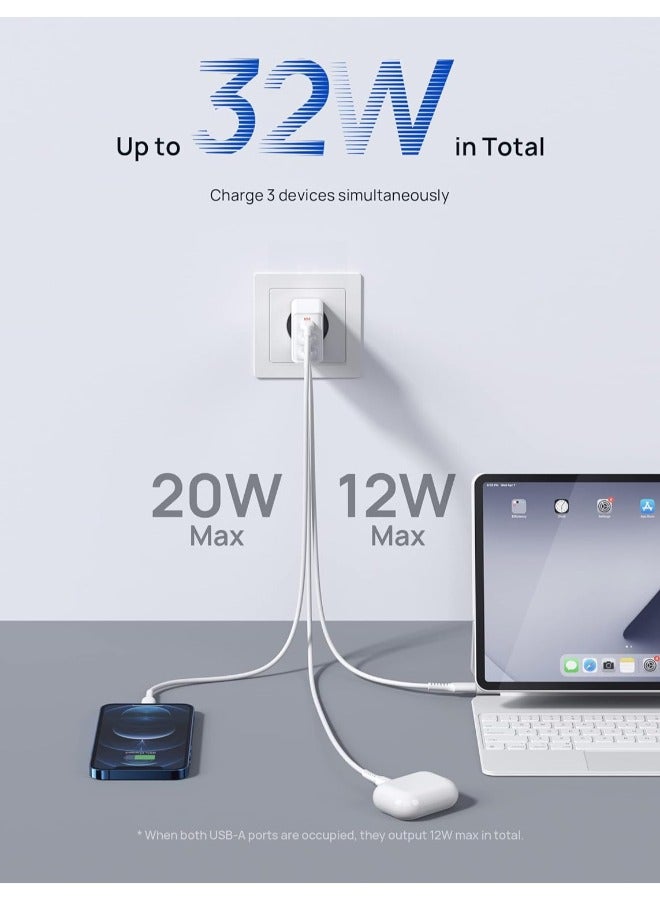JSAUX 32W Charger USB C PD 3.0 [3 Ports 20W + 12W],  USB-C Fast Charger Compatible with iPhone 15/14/13/12 Pro Max, Samsung Galaxy S23/S22/S21/A73/A53/A33, Pixel 7 Pro/6/6a/6 Pro, iPad Pro/Air