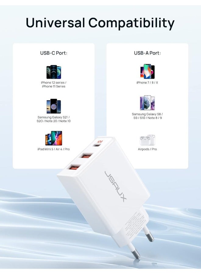 JSAUX 32W Charger USB C PD 3.0 [3 Ports 20W + 12W],  USB-C Fast Charger Compatible with iPhone 15/14/13/12 Pro Max, Samsung Galaxy S23/S22/S21/A73/A53/A33, Pixel 7 Pro/6/6a/6 Pro, iPad Pro/Air