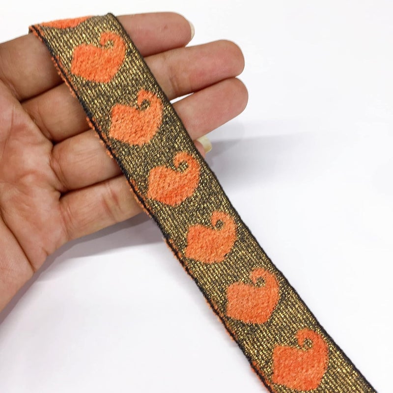 Lami 9 Meter Orange Velvet Design Gota Patti Lace on Golden Jari/Zari Base, Velvet Design Patch, Banarasi Saree Lace Bridal Lehenga Dupatta Suit Anarkali Lace Indian Trim, Art and Craft Material - Image 5