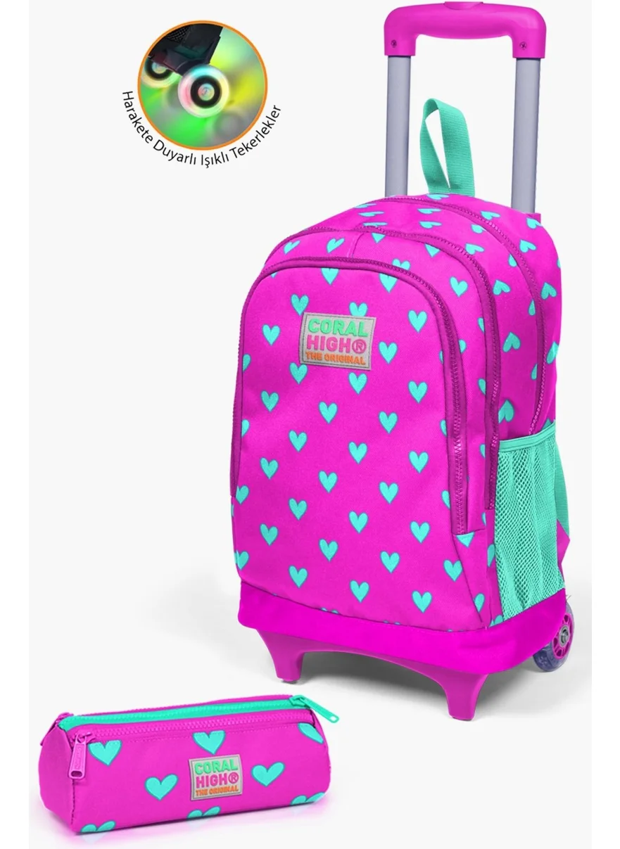 كورال هاي Kids Neon Pink Water Green Heart Patterned Trolley 2-Piece Bag Set SET0223133