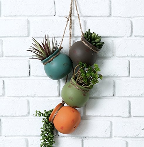 MyGift Dangling Southwest Desert Color Ceramic 4 Pot Set, Wall or Ceiling Mount Hanging Mini Flower Planters - Image 1