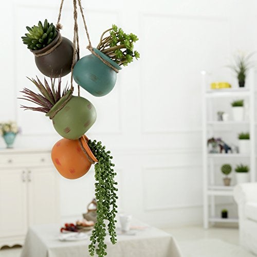 MyGift Dangling Southwest Desert Color Ceramic 4 Pot Set, Wall or Ceiling Mount Hanging Mini Flower Planters - Image 3