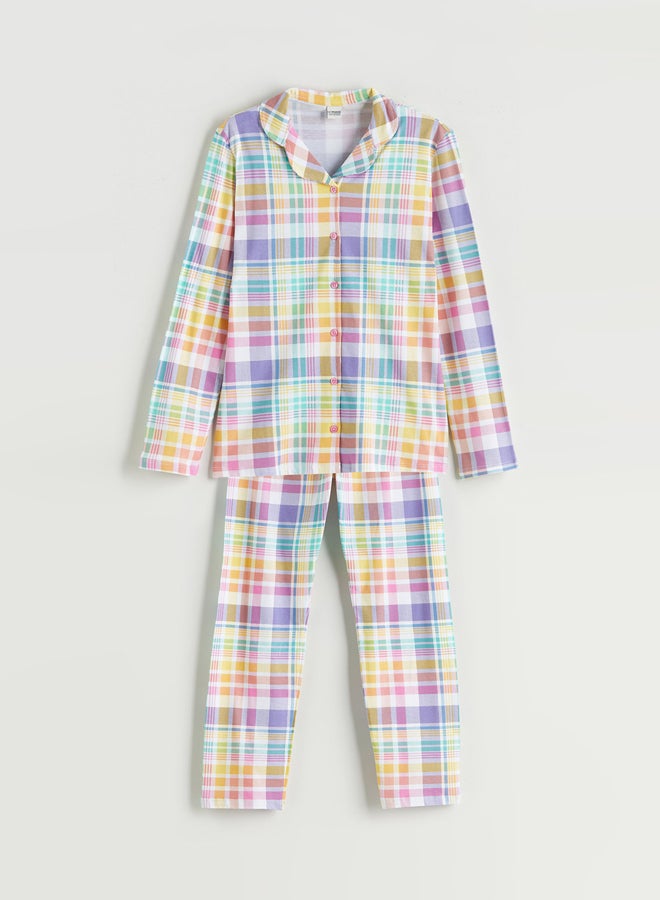 ال سي وايكيكي ياقة رقبة منقوشة للفتيات' كم طويل مجموعة بيجامة - Image 1