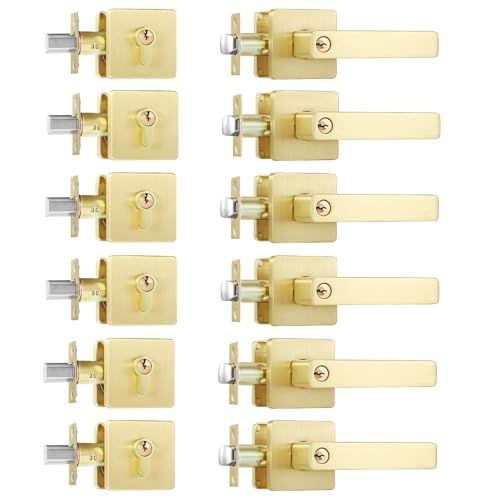 Leydebong 6 Pack Front Door Lock Set, Brushed Gold Exterior Door Lock Set with Deadbolt, Single Cylinder Deadbolt Lock and Door Knob Set, Keyed Alike Door Knob with Lock&Keys - Image 1