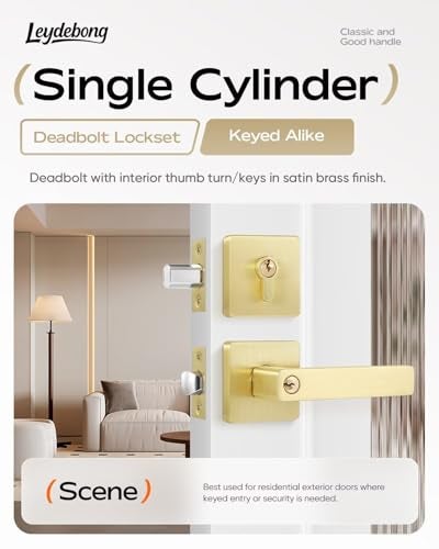 Leydebong 6 Pack Front Door Lock Set, Brushed Gold Exterior Door Lock Set with Deadbolt, Single Cylinder Deadbolt Lock and Door Knob Set, Keyed Alike Door Knob with Lock&Keys - Image 2