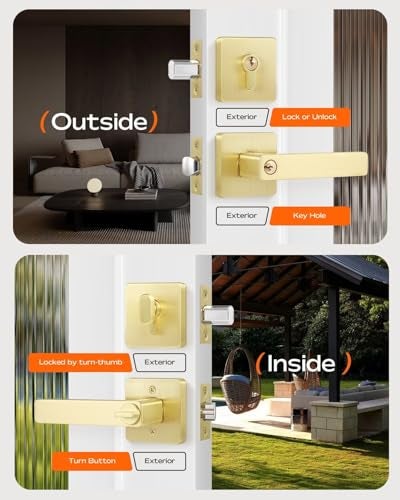 Leydebong 6 Pack Front Door Lock Set, Brushed Gold Exterior Door Lock Set with Deadbolt, Single Cylinder Deadbolt Lock and Door Knob Set, Keyed Alike Door Knob with Lock&Keys - Image 3