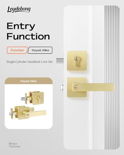 Leydebong 6 Pack Front Door Lock Set, Brushed Gold Exterior Door Lock Set with Deadbolt, Single Cylinder Deadbolt Lock and Door Knob Set, Keyed Alike Door Knob with Lock&Keys - Image 5