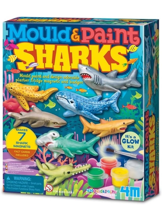 4M Mould & Paint Sharks Kit – DIY Plaster Shark Magnets & Badges for Kids Ages 5+ | Cast and Paint 7 Shark Figures with Multicolored Paints, Magnets & Pins | Educational & Fun STEM Craft / Model 00-04785 - Image 1