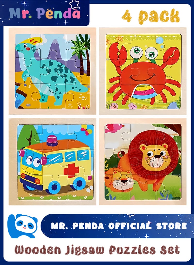 Mr. Penda 4 Pack Animal Jigsaw Puzzles Set, Wooden Toddlers Puzzles Toys for Kids Ages 1-5, Preschool Learning Toys Boys Girls Gifts (Lion, Crab, Dinosaur, Ambulance Bus) - Image 1