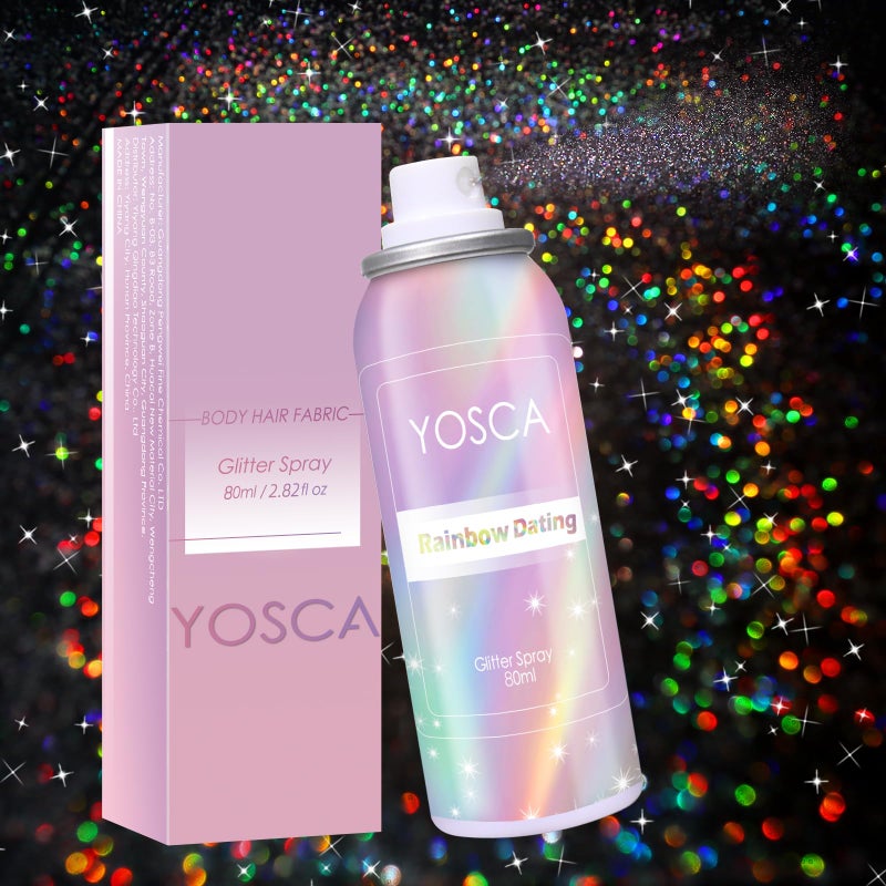 Yosca بخاخ لامع للجسم يوسكا، 80 مل، بخاخ شعر لامع هولوجرافيك فضي، سريع الجفاف وطويل الأمد، بخاخ لامع لملابس الجسم والشعر لمكياج متلألئ لمهرجان حفلات موسيقية ملابس ريف أكسسوارات - Image 1
