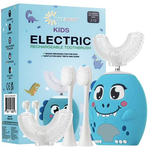 Trueocity Kids U Shape Toothbrush Auto Electric Toddler Rechargeable Kids Automatic Toothbrush 360 UShaped Silicone Brush Head Gentle Cleaning for Ages 27 Dinosaur Design Blue - Image 1