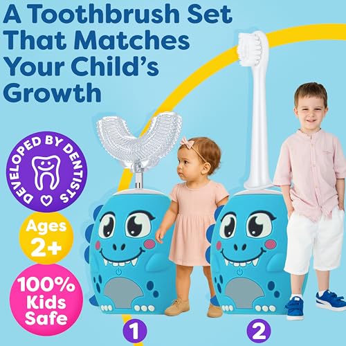 Trueocity Kids U Shape Toothbrush Auto Electric Toddler Rechargeable Kids Automatic Toothbrush 360 UShaped Silicone Brush Head Gentle Cleaning for Ages 27 Dinosaur Design Blue - Image 3