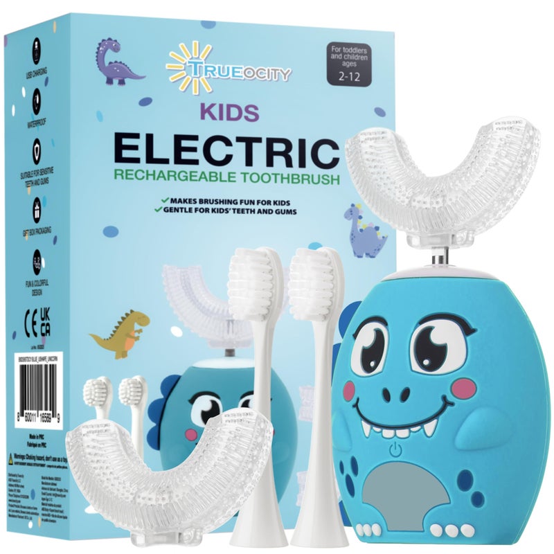 Trueocity Kids U Shape Toothbrush Auto Electric Toddler Rechargeable Kids Automatic Toothbrush 360 UShaped Silicone Brush Head Gentle Cleaning for Ages 27 Dinosaur Design Blue - Image 2