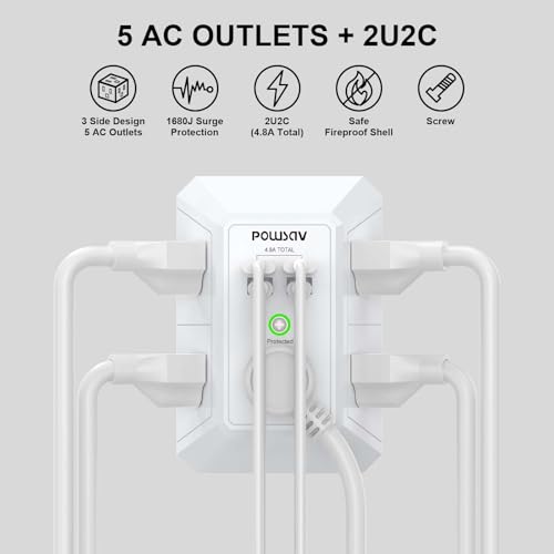 POWSAV 5-Outlet Power Strip with 4 USB Ports - Surge Protector for Home, Office, School - ETL Listed - Image 2