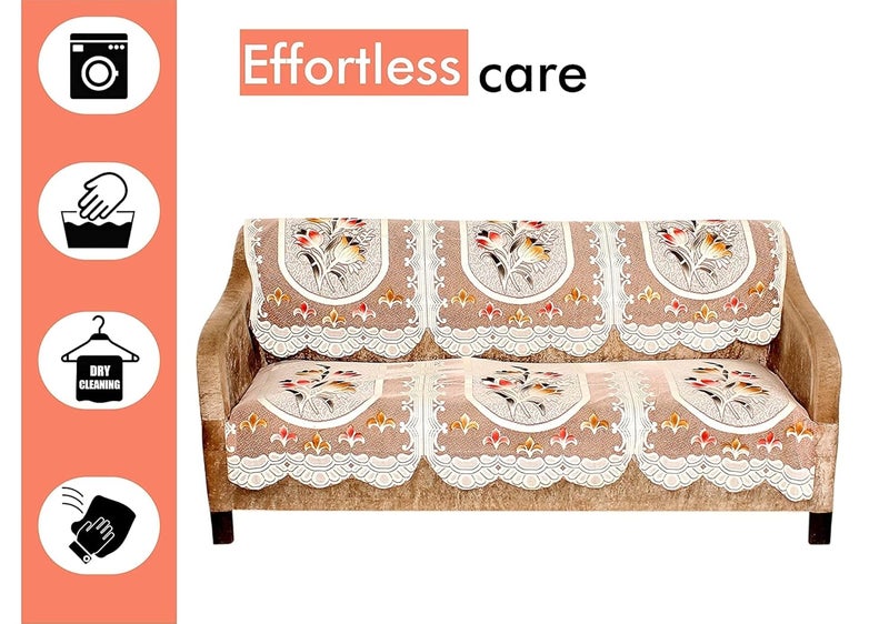 HOMECROWN Polyester Cotton Blend Floral Net Fabric 3 Seater Sofa Cover Brown Color - Image 4