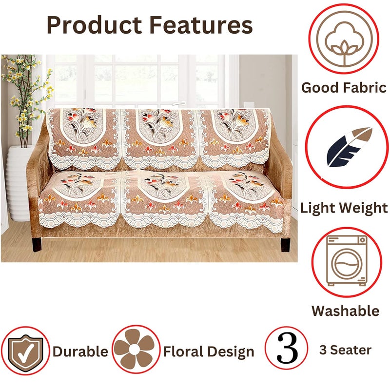 HOMECROWN Polyester Cotton Blend Floral Net Fabric 3 Seater Sofa Cover Brown Color - Image 3