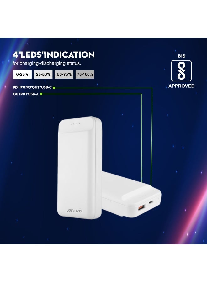 ERD Premium Fast Charging 20000 mAh Power Bank - 25W Portable Charger with 1 USB A Ports & 1 USB C Port - Universal Compatible Battery Pack with Charging Indication for iPhone, Samsung Galaxy, AirPods, iPad, and more - Image 4