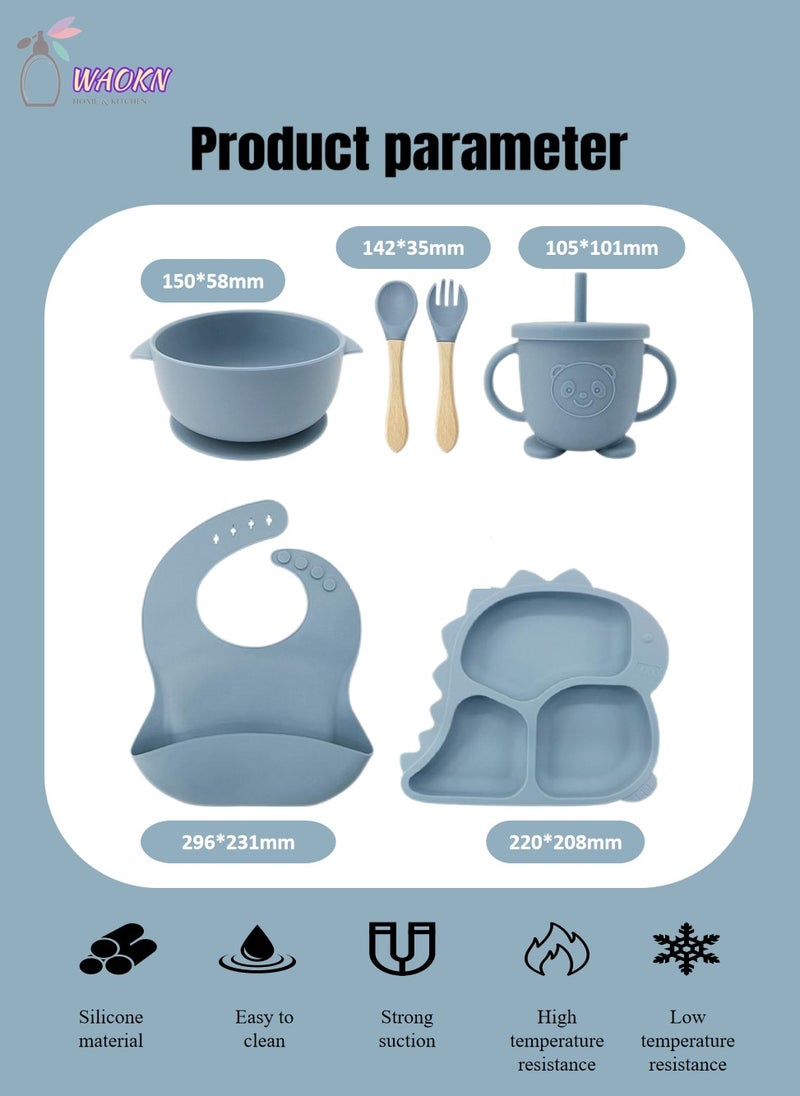 WAOKN 6Pcs Baby Silicone Tableware Set Special For Infants To Eat Their Own Training Tableware Set Including Complementary Food Bowl Sippy Cup Dinner Plate Bib Fork And Spoon(Grayish blue)  - Image 2