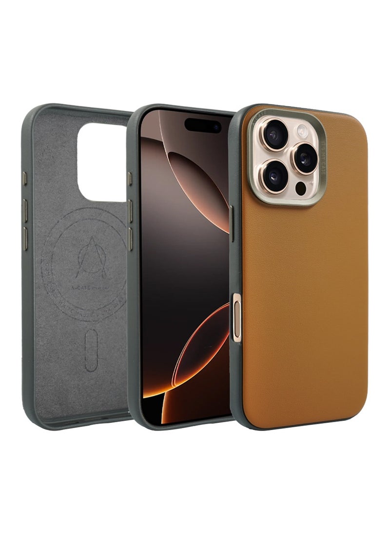 A-CASE - A-Case itsmycase Series Kilyos Made of Lychee Pattern Genuine Leather Case Protection Premium Quality Precise cutouts Compatible with wireless charging For iPhone 16 Pro Max Series - Brown - Image 1