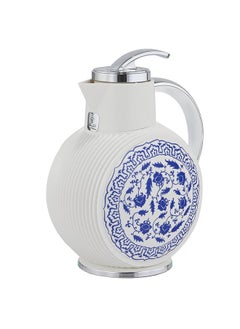 Alsaif Gallery Al Jawhara thermos, white, blue rose pattern, silver handle, 0.9 liters 