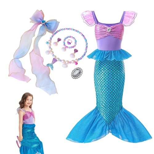 PATPAT® Mermaid Costume Kids,Mermaid Dress for Girls,with Matching Jewelry & Hair Clip Dress kit Princess Costumes Fancy for Christmas Birthday Party and Birthday Party-Purple-6Years-7Years - Image 1