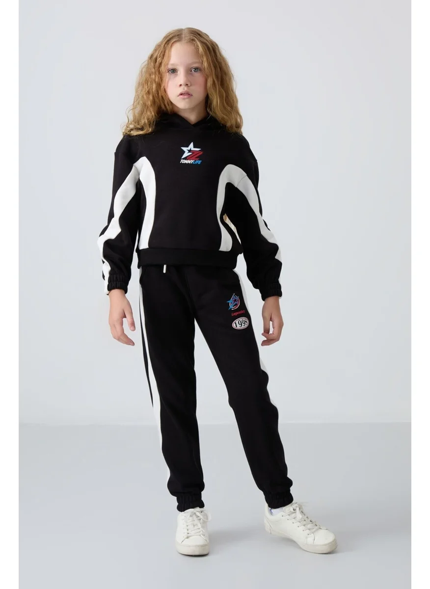 Tommy Life Black Cotton Fluffy Soft Textured Standard Fit Printed Girls Tracksuit - 75166
