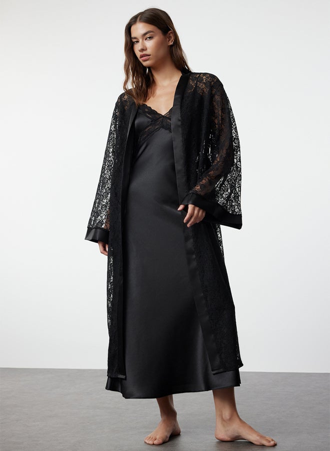 trendyol Black Belted Satin Band Detailed Lace Knitted Dressing Gown - Image 2
