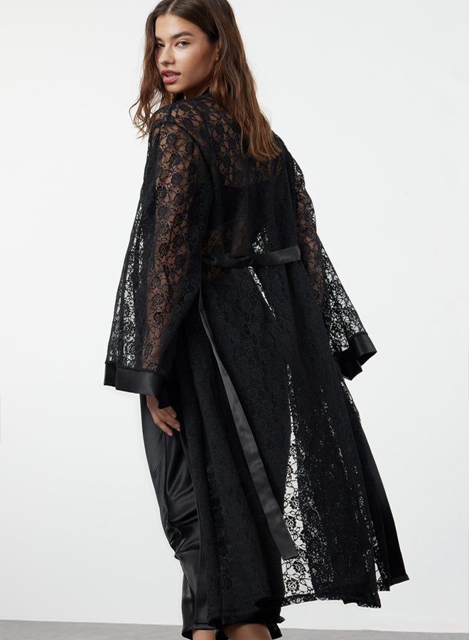 trendyol Black Belted Satin Band Detailed Lace Knitted Dressing Gown - Image 3