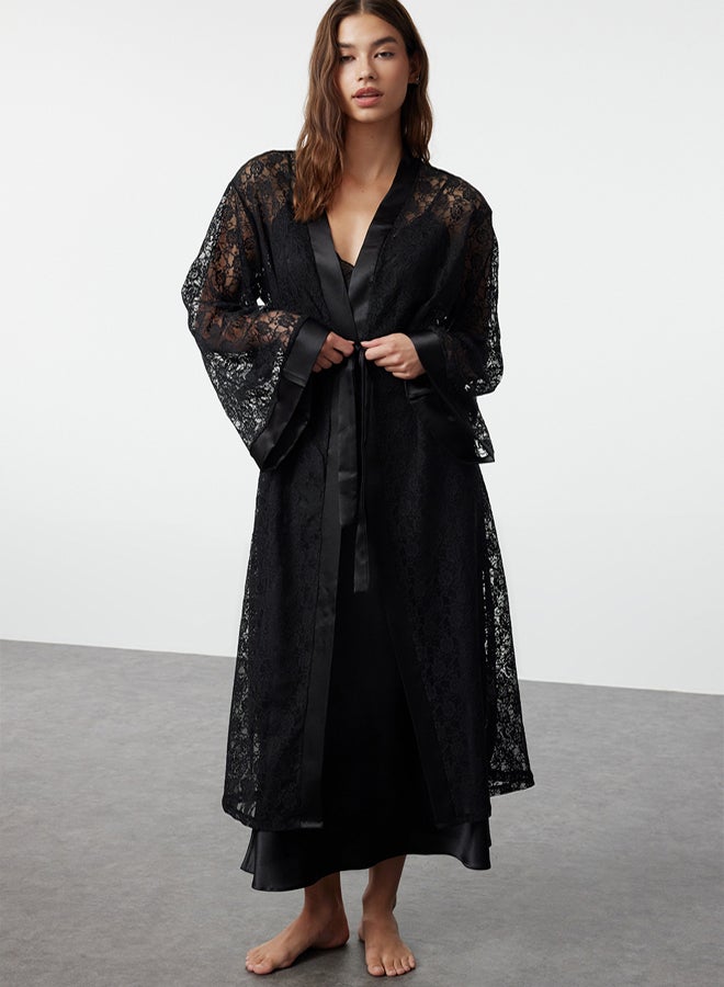 trendyol Black Belted Satin Band Detailed Lace Knitted Dressing Gown - Image 1