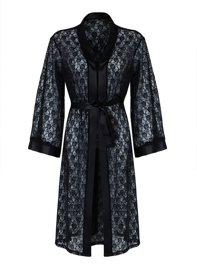 trendyol Black Belted Satin Band Detailed Lace Knitted Dressing Gown - Image 5