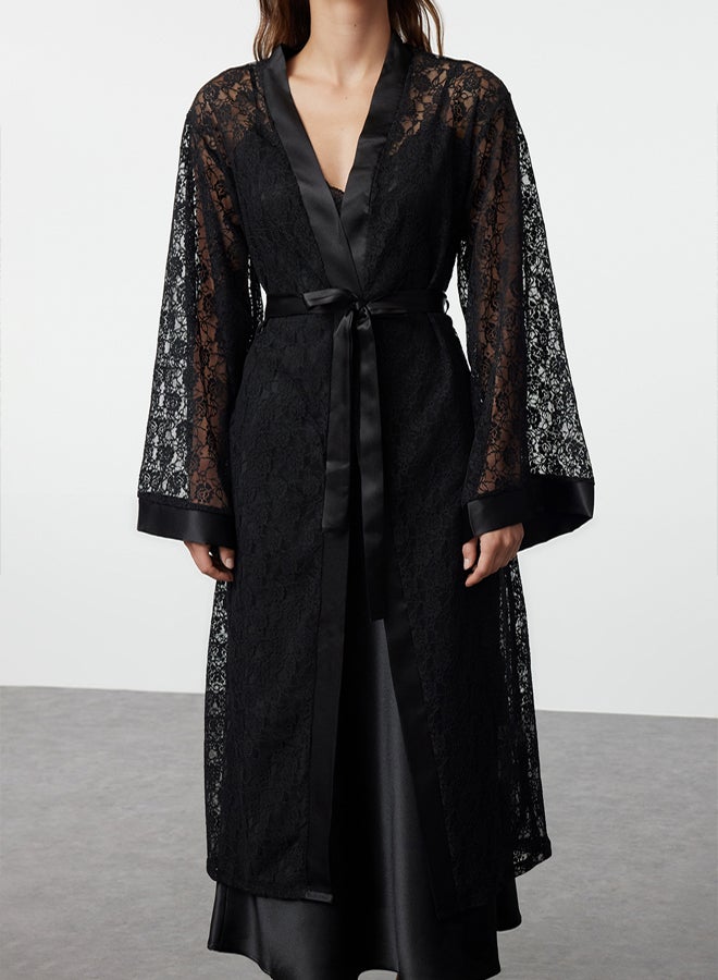 trendyol Black Belted Satin Band Detailed Lace Knitted Dressing Gown - Image 4