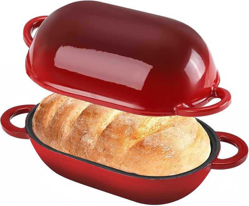 NSIRONS Enameled Cast Iron Sourdough Bread Oven, 2.5 QT Loaf Cast Iron Bread Pan with Lid, Oval Dutch Oven for Homemade Bread Baking, Meatloaf Pan with Lid (Red) - Image 1